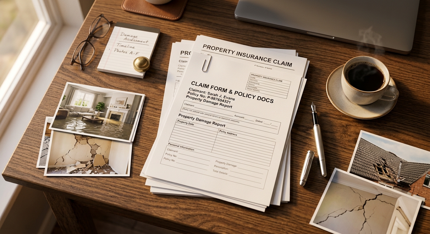 טופס תביעת ביטוח מבנה ותמונות של נזקי רכוש לבית, כולל הצפה וסדקים בקירות, מונחים על שולחן עץ.